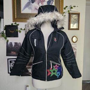 Spyder Black Puffer Jacket with Colorful Star Accents
